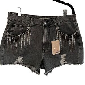 NWT Love Cult High Rise Cutoff Shorts L Black Distressed Rhinestone Fringe